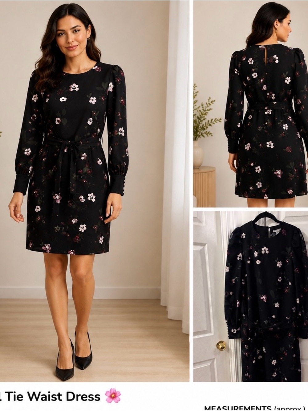 Black Floral Long Sleeve Tie-Waist Dress